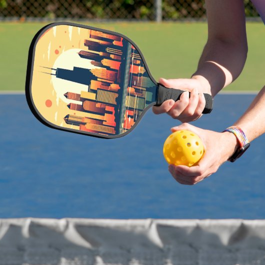 Chicago Skyline Illustratie in Sinaasappel Pickleball Paddle (Insitu)