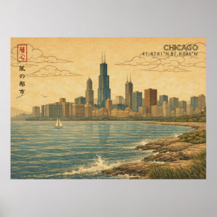 Chicago Skyline in Japanse Ukiyo-e Poster
