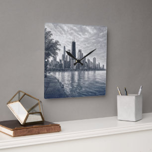 Chicago Skyline in Pointillistische Kunst Vierkante Klok