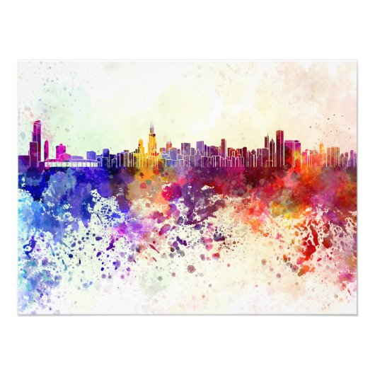 Chicago skyline in watercolor background foto afdruk (Voorkant)