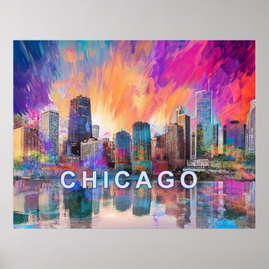 Chicago Skyline Kleurrijke Abstracte Kunst Poster (Voorkant)