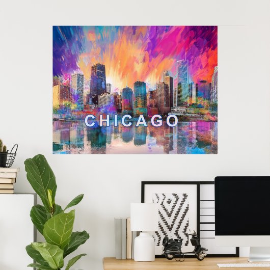 Chicago Skyline Kleurrijke Abstracte Kunst Poster (Thuiskantoor)