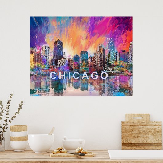 Chicago Skyline Kleurrijke Abstracte Kunst Poster (Keuken)