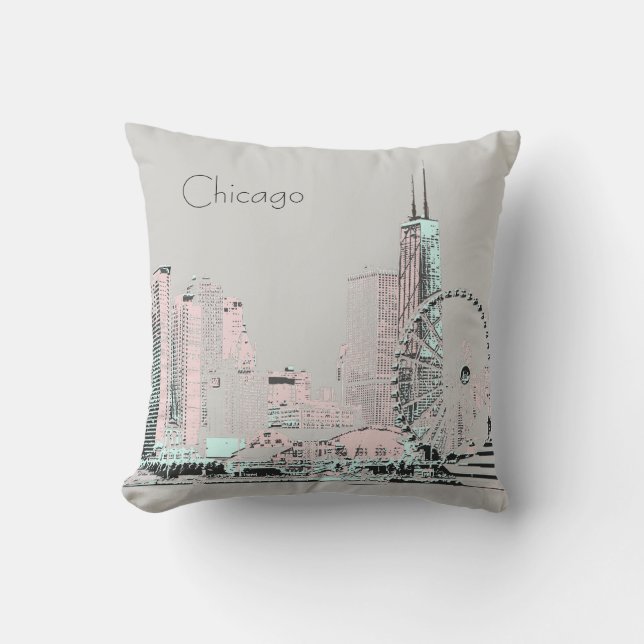 Chicago Skyline moderne grijze roze munt Kussen (Voorkant)