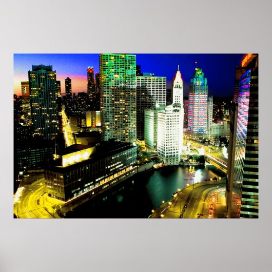 Chicago Skyline Nightime Poster (Voorkant)