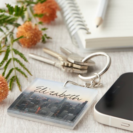 Chicago Skyline op Sunset met een naam Sleutelhanger (Voorkant Rechts)