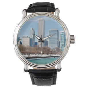 Chicago skyline over het bevroren meer van Michiga Horloge