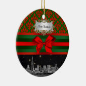 Chicago Skyline Red Green Damask #2 Bow Xmas Keramisch Ornament (Rechts)
