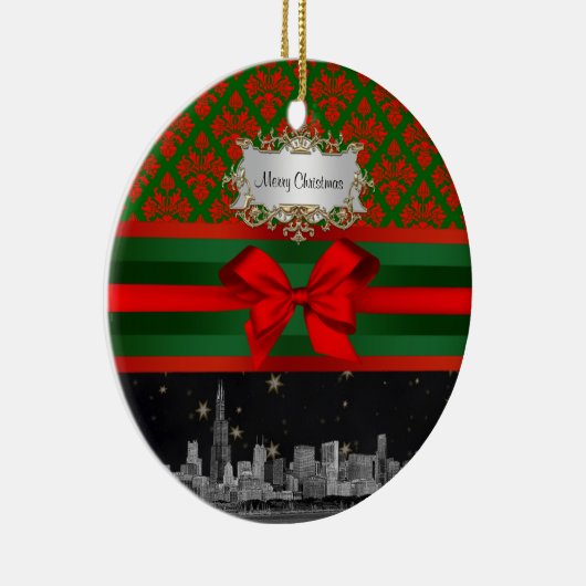 Chicago Skyline Red Green Damask #2 Bow Xmas Keramisch Ornament (Rechts)