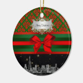 Chicago Skyline Red Green Damask #2 Bow Xmas Keramisch Ornament (Links)