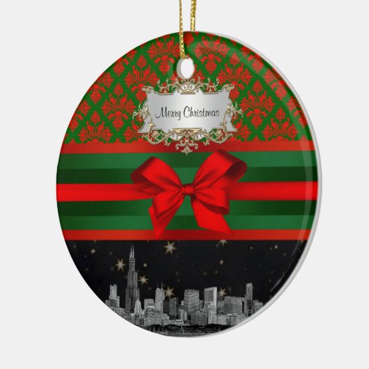 Chicago Skyline Red Green Damask #2 Bow Xmas Keramisch Ornament (Links)