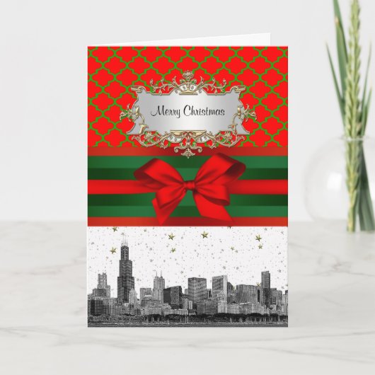 Chicago Skyline Red Green Quatrefoil mas Feestdagen Kaart (Voorkant)