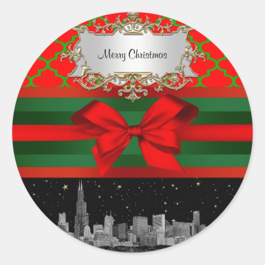 Chicago Skyline, Red Green Quatrefoil mas Ronde Sticker (Voorkant)