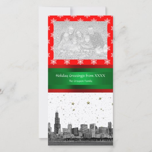 Chicago Skyline Red Snowflake kerst Feestdagenkaart (Voorkant)