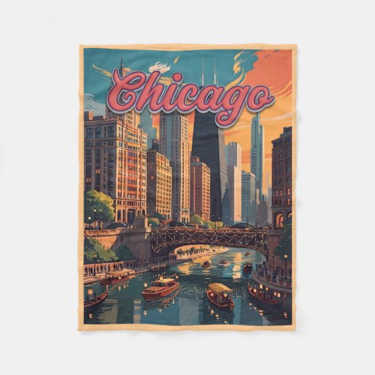 Chicago Skyline Rivierfront Fleece Deken (Voorkant)