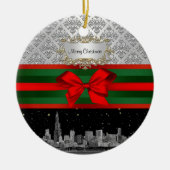 Chicago Skyline Silver White Damask #3 Bow Xmas Keramisch Ornament (Voorkant)