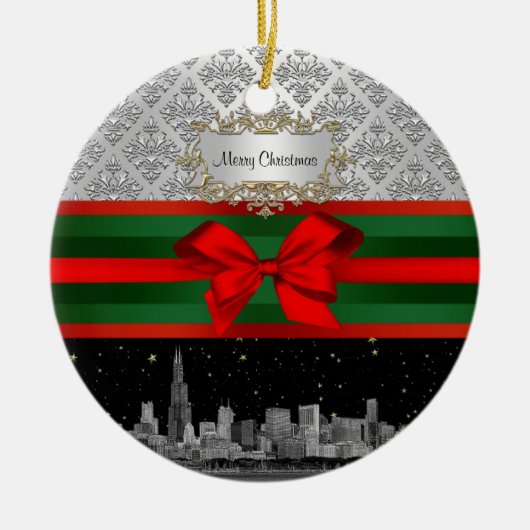 Chicago Skyline Silver White Damask #3 Bow Xmas Keramisch Ornament (Voorkant)