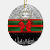 Chicago Skyline Silver White Damask #3 Bow Xmas Keramisch Ornament (Links)