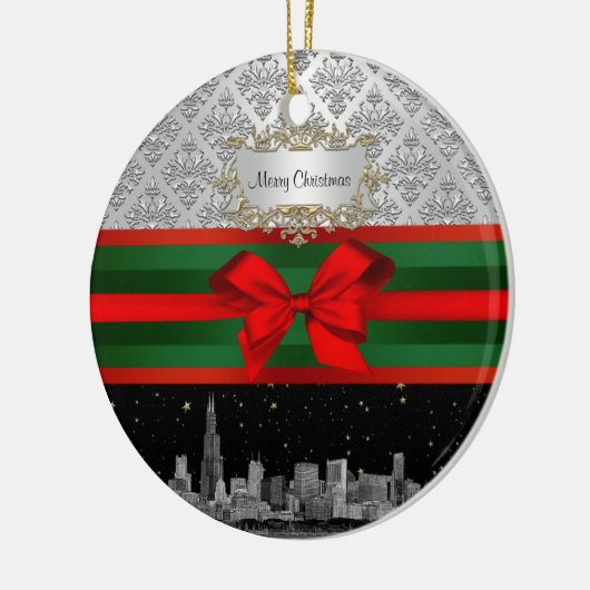 Chicago Skyline Silver White Damask #3 Bow Xmas Keramisch Ornament (Links)