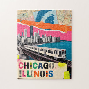 Chicago Skyline Trein Pop Art Collage Retro Reizen Legpuzzel