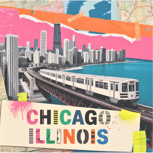 Chicago Skyline Trein Pop Art Collage Retro Reizen Sticker (Voorkant)