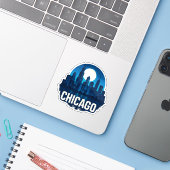 Chicago Skyline Volle Maan Cityscape Design Sticker (Laptop met iPhone)