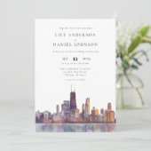 Chicago Skyline Watercolor All In One Wedding Kaart (Staand voorkant)