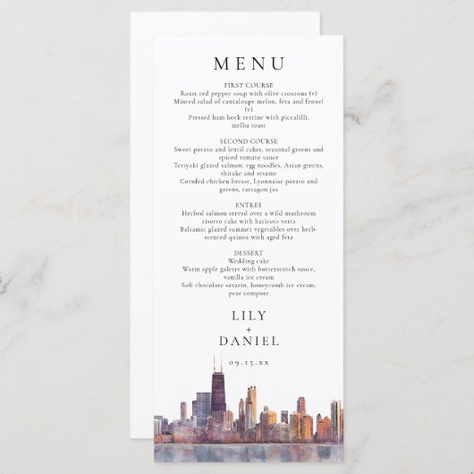 Chicago Skyline Watercolor Destination Wedding Menu (Voorkant / Achterkant)