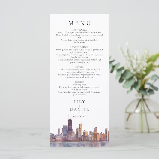 Chicago Skyline Watercolor Destination Wedding Menu (Staand voorkant)