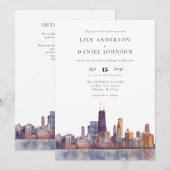 Chicago Skyline Watercolor QR Code Trouwkaart Kaart (Voorkant / Achterkant)