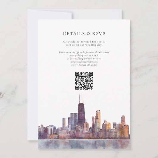 Chicago Skyline Watercolor QR Code Wedding Kaart (Achterkant)
