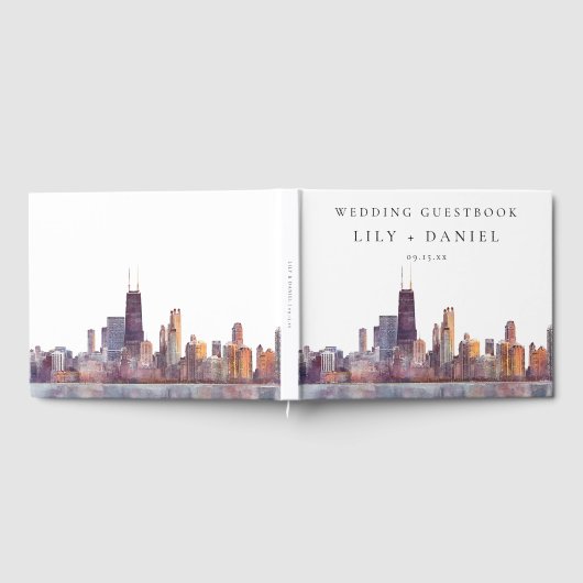 Chicago Skyline Watercolor Wedding Gastenboek (Volledig)