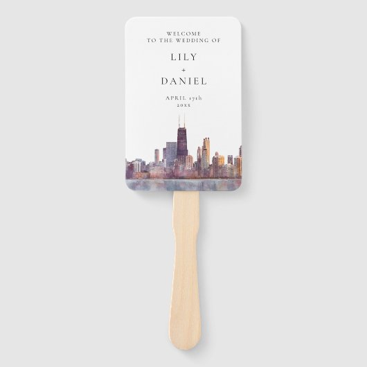 Chicago Skyline Watercolor Wedding Program Handwaaier (Voorkant)