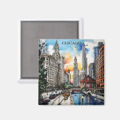 Chicago Skyline Watercolor – Windy City Travel Magneet (Voorkant / Achterkant)