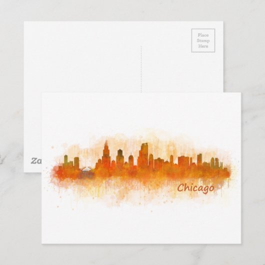 chicago skyline waterverf cityscape v03 briefkaart (Voorkant / Achterkant)