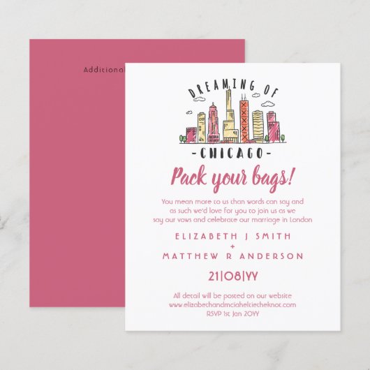CHICAGO Skyline Wedding Invitation Handgetekende B (Voorkant / Achterkant)