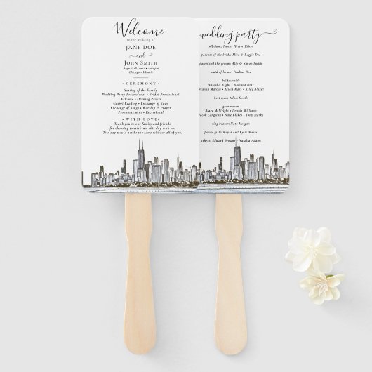 Chicago Skyline Wedding Program Hand Fan Handwaaier (Voorkant en achterkant)