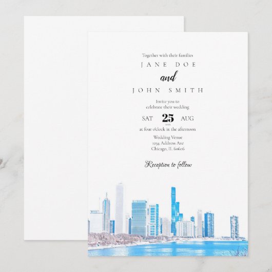 Chicago Skyline Winter Wedding Invitation Kaart (Voorkant / Achterkant)