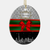 Chicago Skyline Zilver Wit Damast #3 Strik Kerstmi Keramisch Ornament (Rechts)