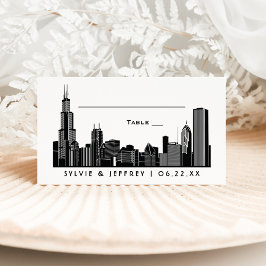 Chicago Skyline Zwart Art Deco Bruiloft Monogram Plaatskaartje