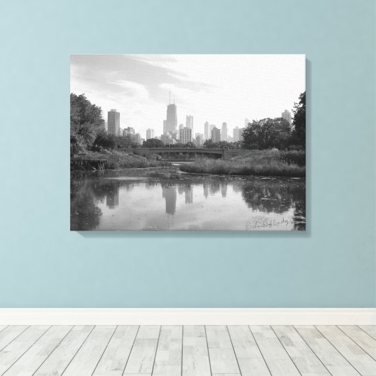 Chicago Skyline zwart-wit grote fotoprint Canvas Afdruk (Insitu (Houten vloer))
