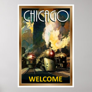 Chicago stad, stoomtrein, spoorweg vintage reizen poster