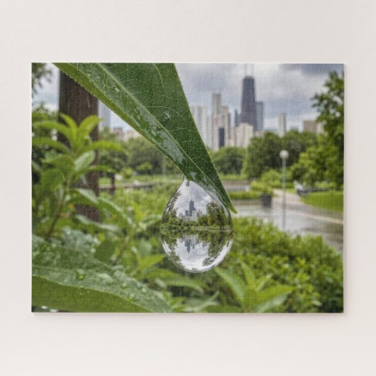 Chicago Stad weerspiegeld in een regendruppel Legpuzzel (Horizontaal)