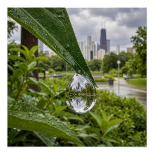 Chicago Stad weerspiegeld in een regendruppel Perfect Poster (Voorkant)