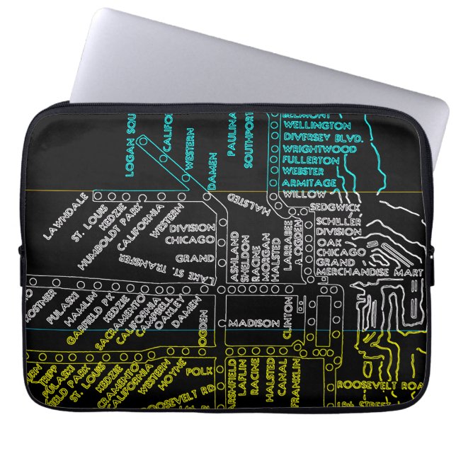 Chicago Subway Train  System Map Route NEON Laptop Sleeve (Voorkant)