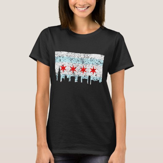 Chicago T Shirt -  Chicago vlag Theme Skyli (Voorkant)