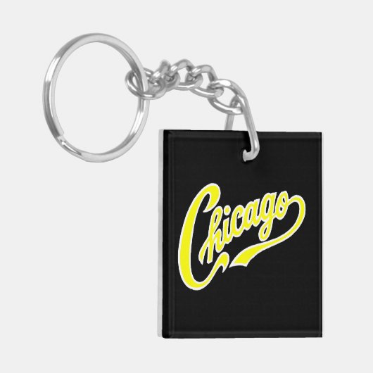 Chicago Tekst in geel Script BLK Sleutelhanger (Voorkant Links)