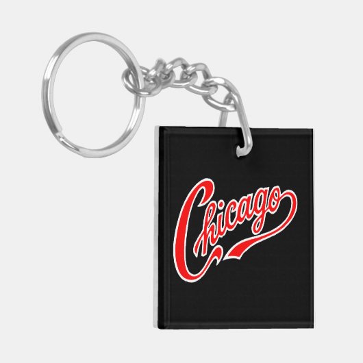 Chicago Tekst in Red Script BLK Sleutelhanger (Voorkant Links)