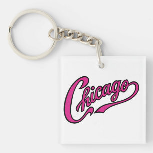 Chicago Tekst in Roze Script Sleutelhanger