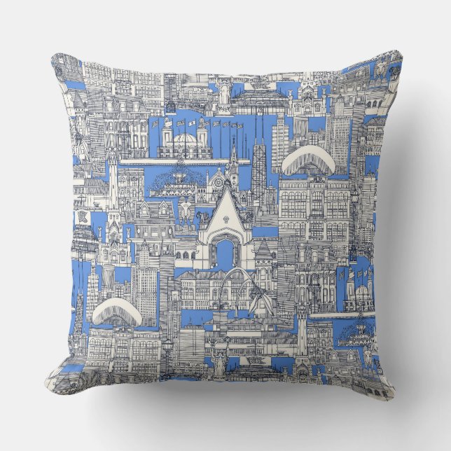 Chicago toile middernachtblauw retro blauw kussen (Voorkant)